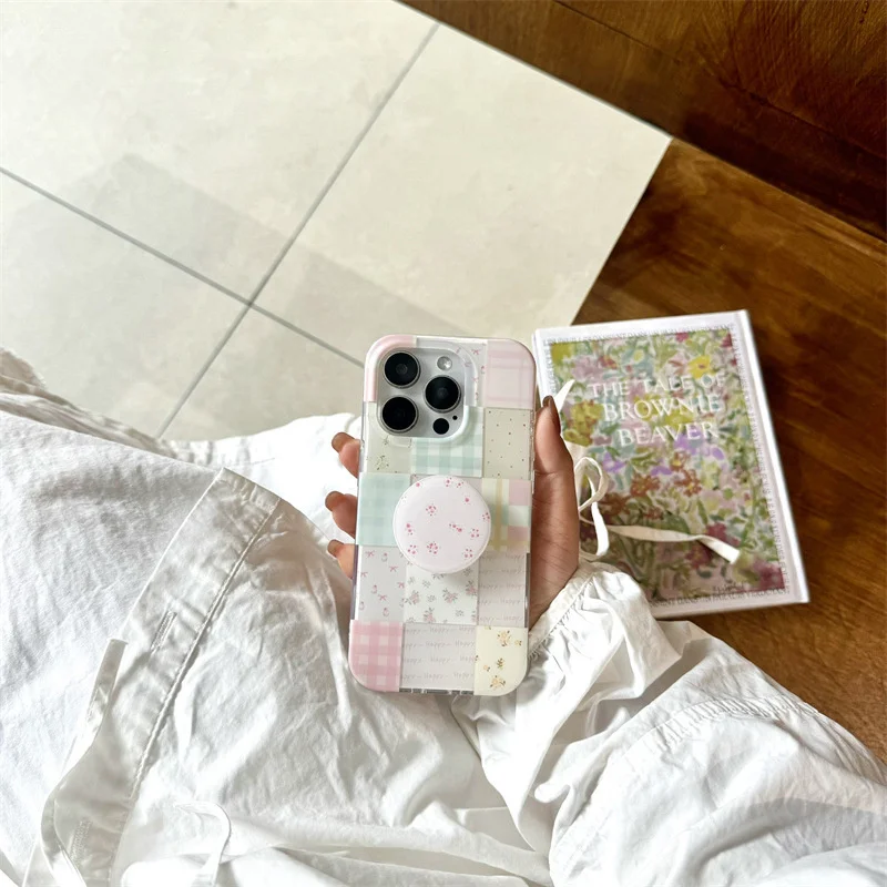 Chic Floral Grid Phone Case with Holder Attachment
