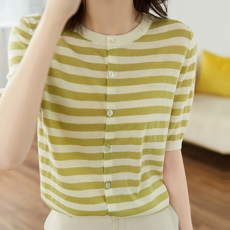 

Thin O Neck Striped Knitted Tops Cardigan T Shirt Women Clothes Short Sleeve Tshirts Female 2023 Summer Loose Tee Shirt Femme