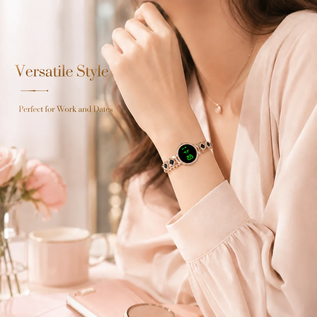 Women's Bracelet-Style LED Digital Watch, Rose Gold Metallic Strap, Multiple Colors Available, Fashionable and Versatile - 4