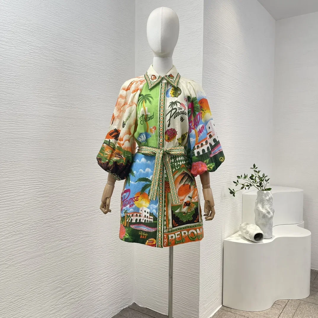 

Новинка 2024, высококачественное мини-платье с длинным рукавом и поясом в европейском стиле