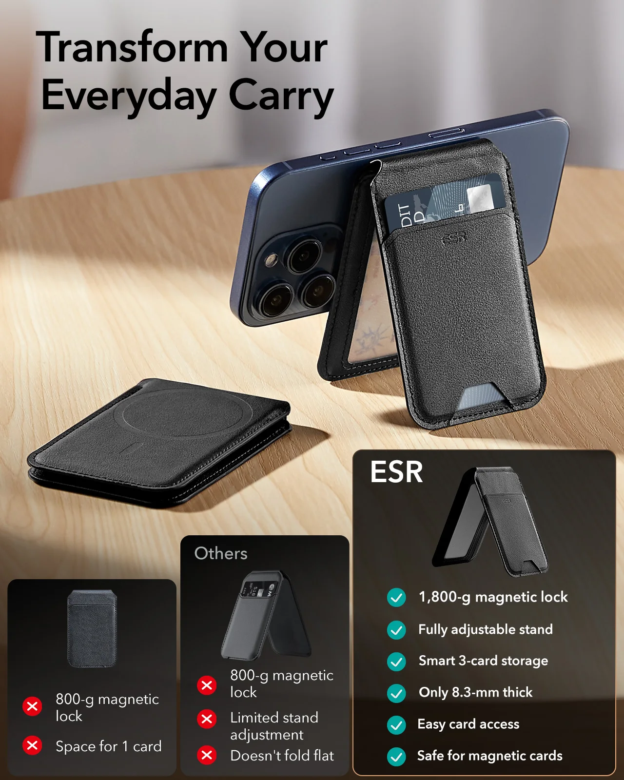 Esr-suporte de Carteira de Couro com Suporte Ajustável Carteira Magsafe para Iphone 15 14 13 12 Mini Cartão - Image 2