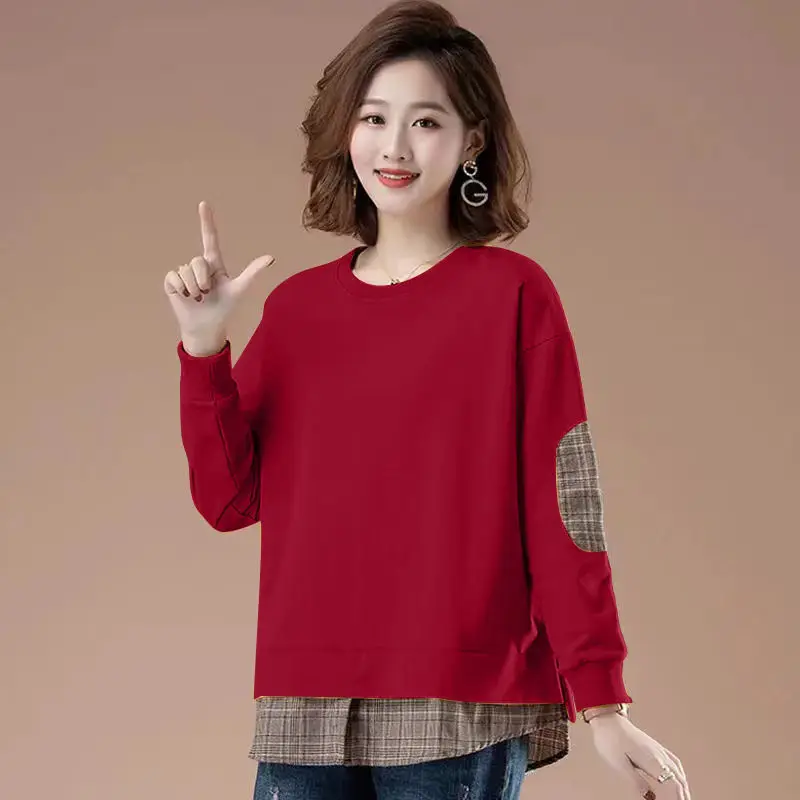 Fashion Spliced Plaid Fake Two Piece Plaid Sweatshirts Female Clothing 2023 Autumn New Oversized Casual Tops Commute Sweater