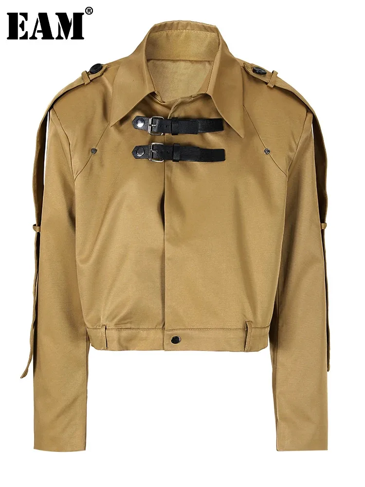 

Женский кожаный жакет EAM, куртка цвета хаки свободного покроя с длинными рукавами и отложным воротником, большие размеры, весна-осень 2024