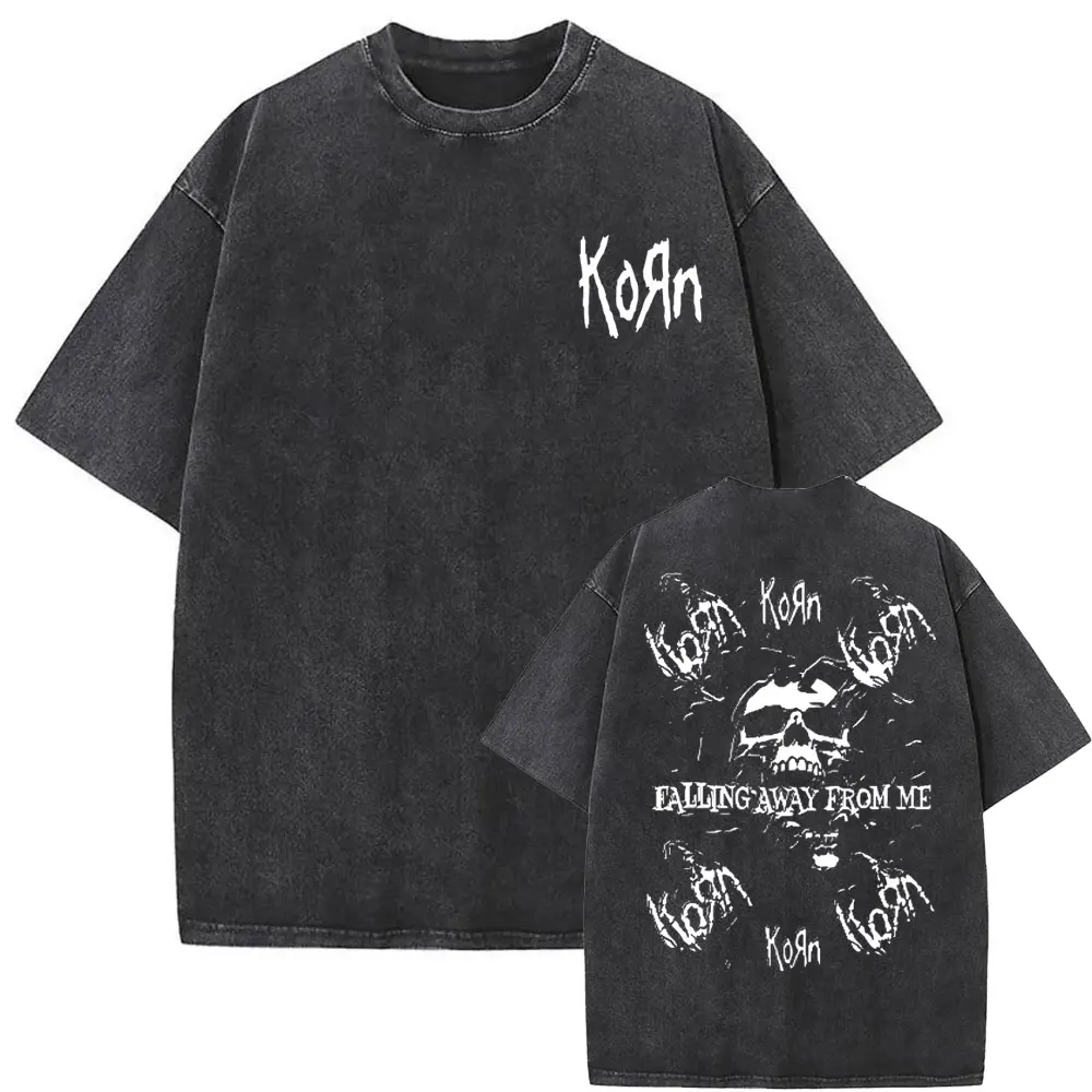 

Washed Vintage Rock Band Korn Falling Away From Me Tshirt Skeleton Print T-shirts Men Fashion Gothic T Shirt Male Oversized Tees