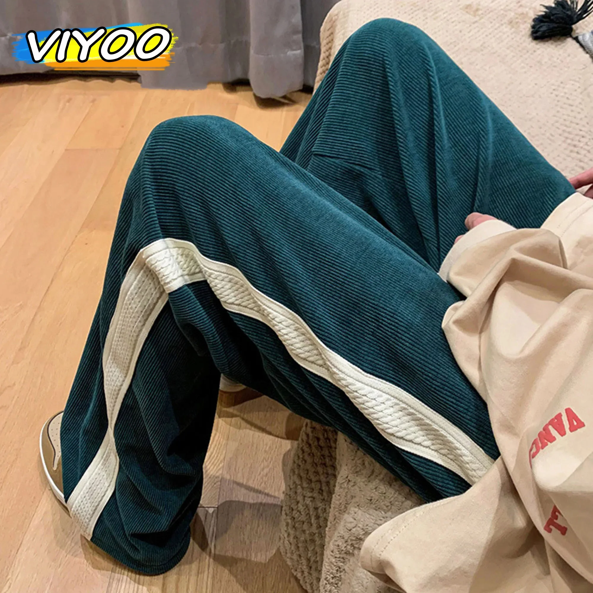 

Men's Corduroy Pants Black Drawstring Striped Mopping Wide Leg Straight Baggy Sweatpants Track Casual Trousers Korean Style