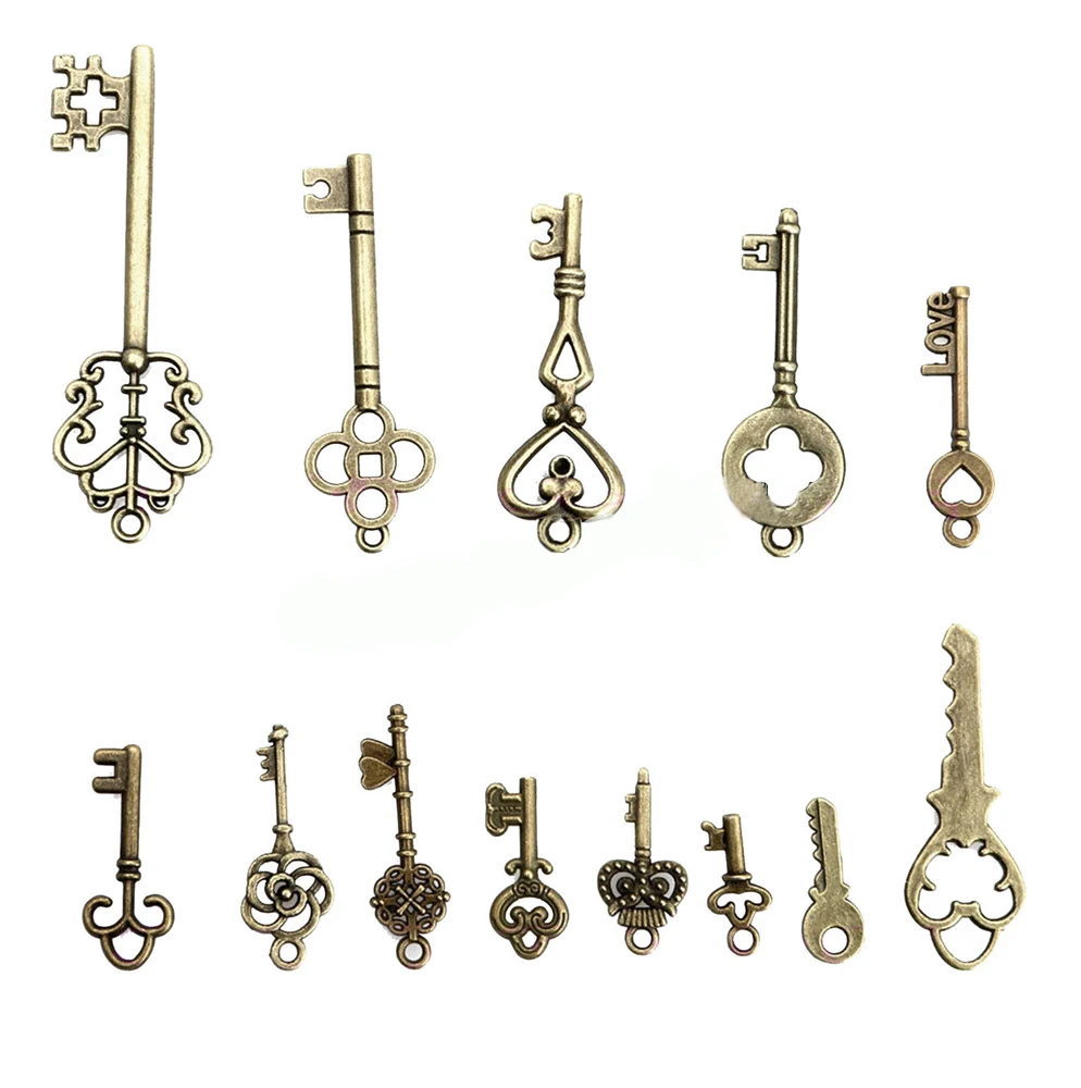 13pcs Vintage Antique Old Brass Skeleton Alloy Keys Lot Cabinet Barrel Lock Hand Sanitzer Holder Key Chain Home Decor 3