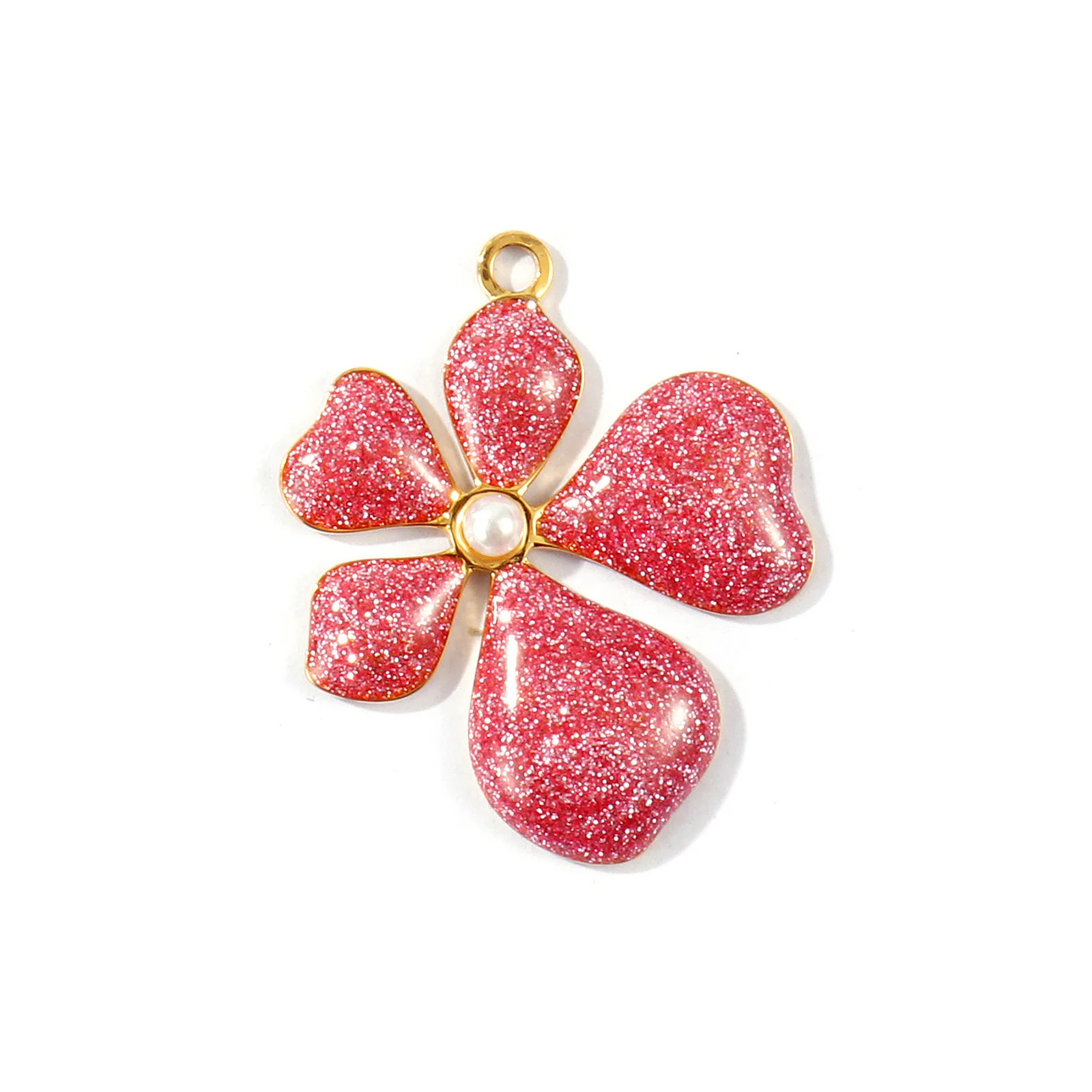 2 Stück Anhänger aus Edelstahl 304, 18 Karat vergoldet, Emaille-Blume, Acryl-Imitationsperlen-Anhänger für DIY-Halskette, 3 cm x 2,5 cm – Detail 7