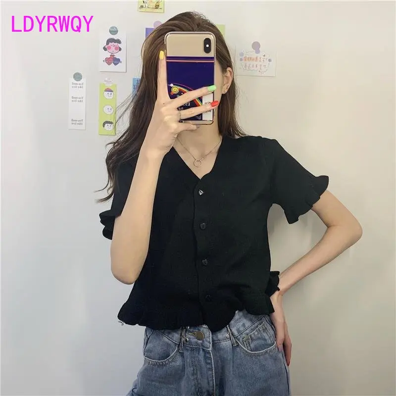 여성 루즈핏 짧은 브이넥 반팔 니트, 단색 레이스 상의, 보라색 가디건, 한국 스타일, 2023 여름 신상