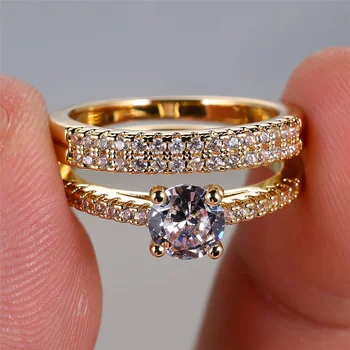 Luxury Female 2pcs Small Round White Zircon Stone Ring Set Promise Gold Color Wedding Engagement Jewelry For Women 2