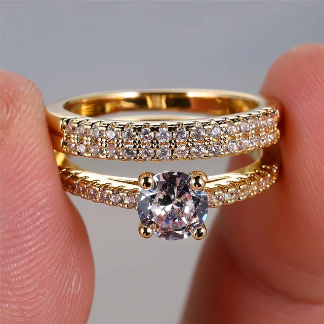 Luxury Female 2pcs Small Round White Zircon Stone Ring Set Promise Gold Color Wedding Engagement Jewelry For Women 2