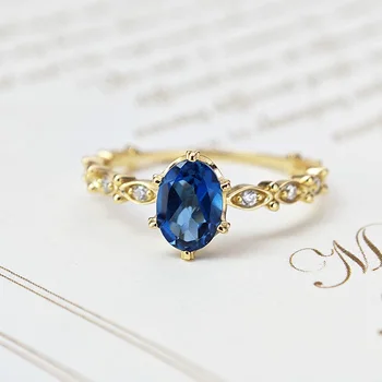 LAMOON Natural Topaz Rings For Women Gemstone Ring Blue Topaz 925 Sterling Silver K Gold Plated Wedding Engagement RI178