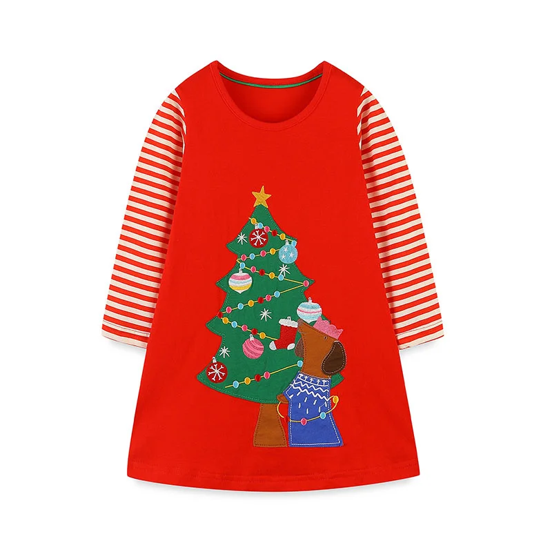 

Jumping Meters 2-7T New Year Children's Girls Dresses Trees Long Sleeve Cartoon Baby Clothes Princess Girls Frock Costume