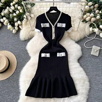 YuooMuoo Brand Fashion Knitted Mermaid Dress 2026 New Elegant V-neck Buttons Ribbed Sweater Dress Lady Bodycon Party Vestidos - Image 2