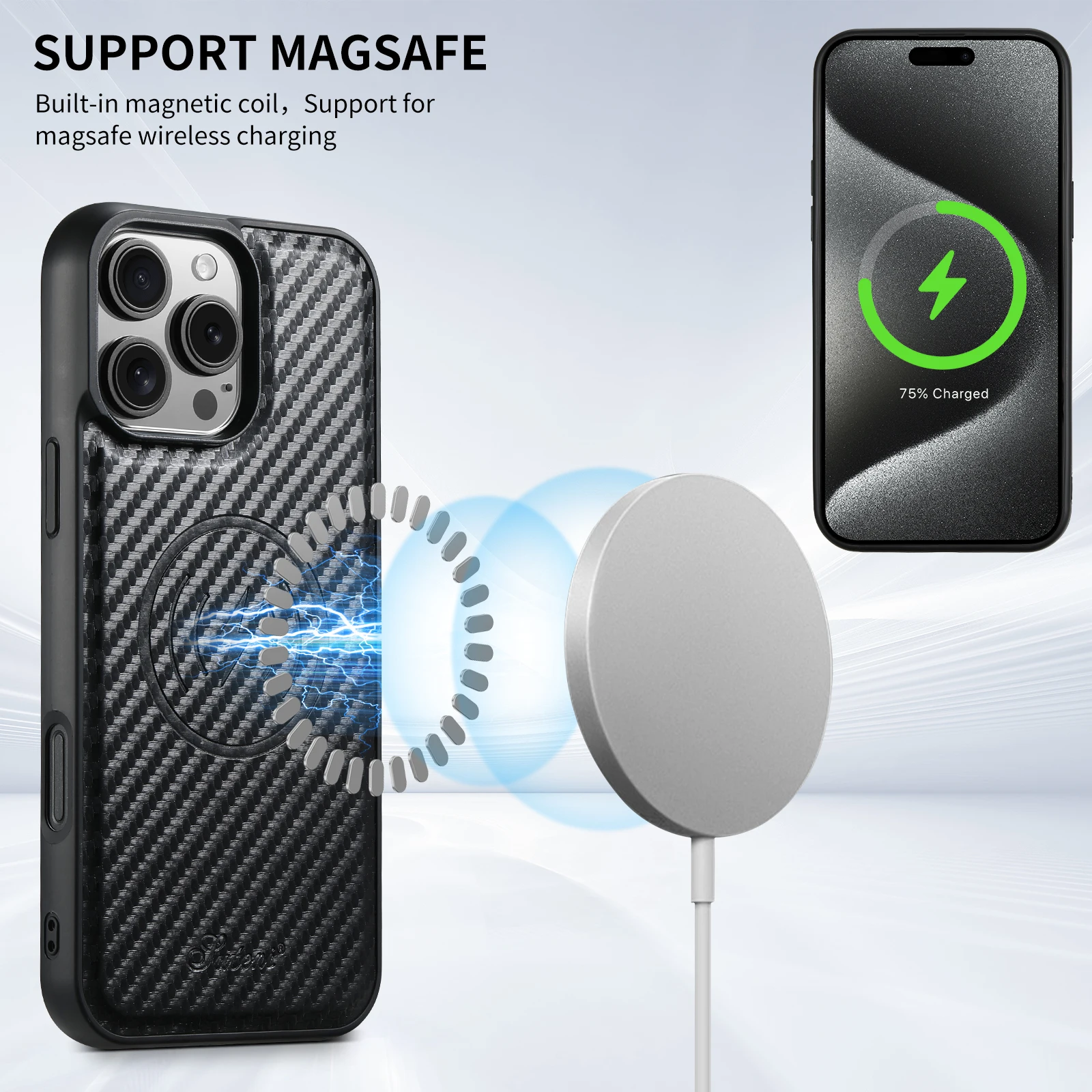 Carbon Fiber Leather Magnetic 2-in-1 Card Holder Wallet Phone Case Support Wireless Charging for iPhone 16ProMax 15Plus 14 13 12 5