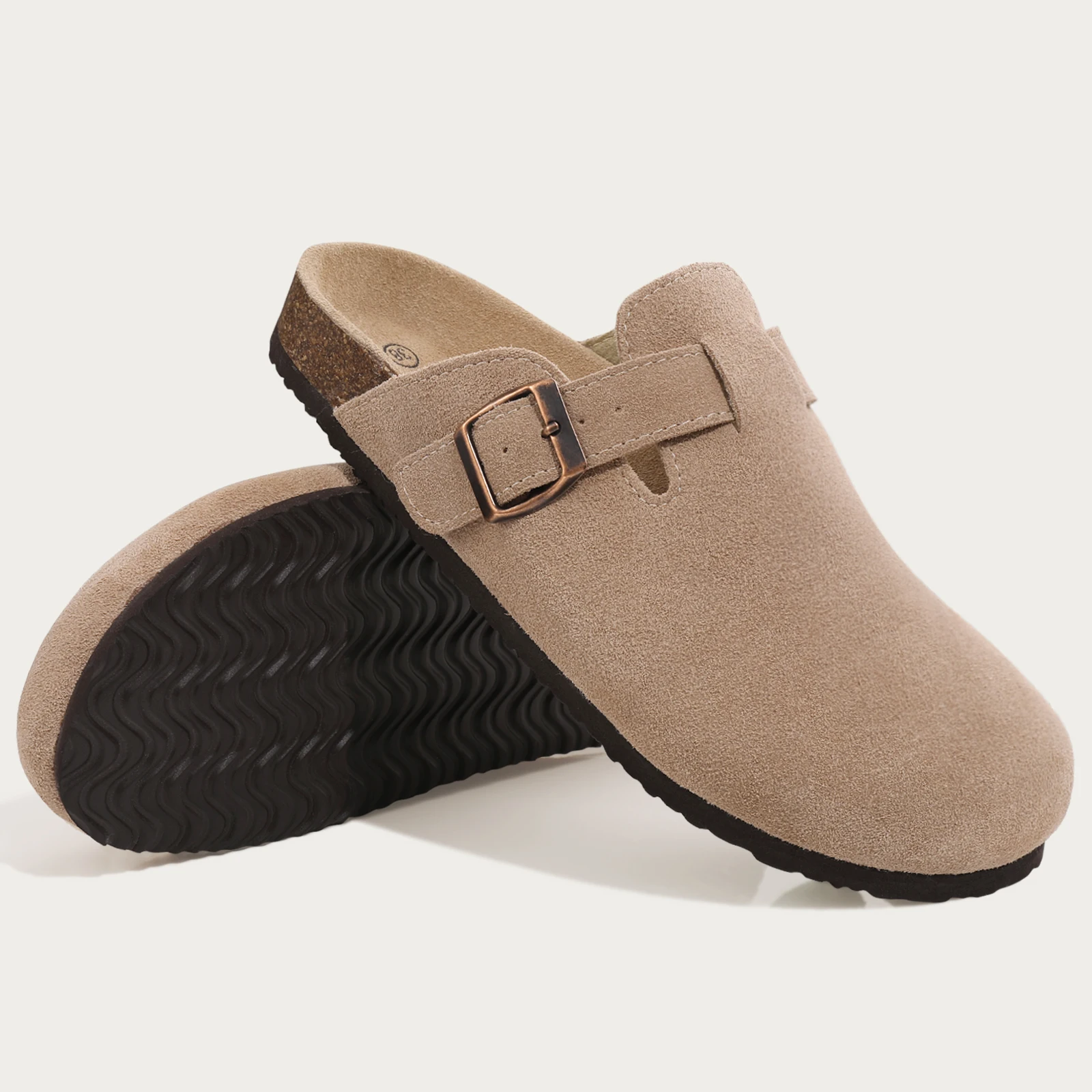Comwarm Women's Suede Clogs Slippers Leather Mules Men Classic Cork Flats Slipper Outdoor Cork Footbed Sandals with Arch Support 6