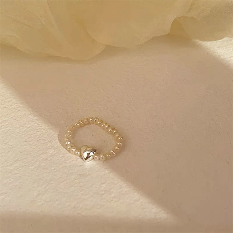 Kpop Vintage Trend Black Heart Open Adjustable Rings Pearl