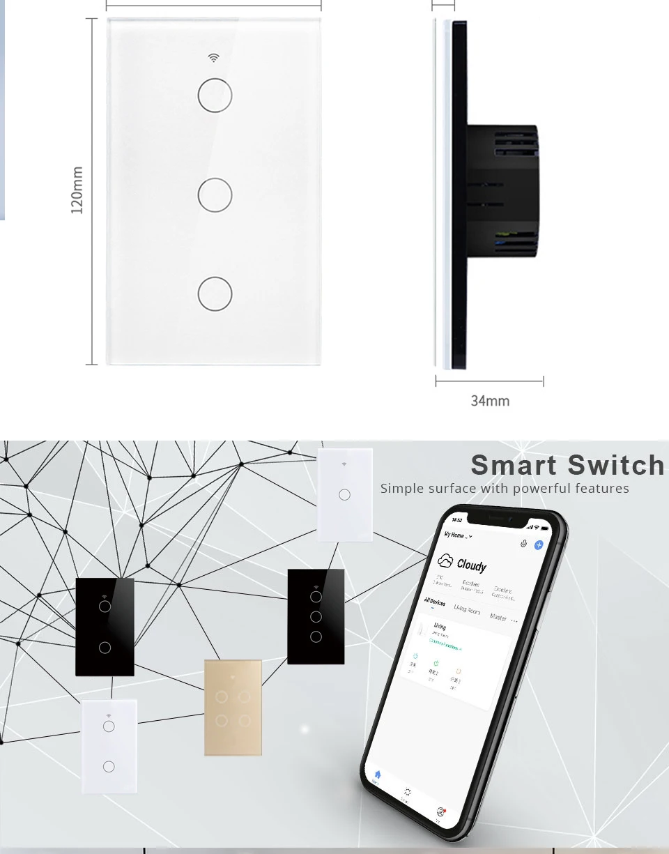 Interruptor Alexa Touch WiFi Tuya Smart Switch Without Neutral Single Fire Wireless RF 433Mhz Remote 1/2/3 Gang Smart Home remote light switch control