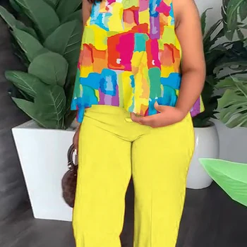 Plus Size Melting Colors All Over Print Tank Top & Straight Leg Pants Set