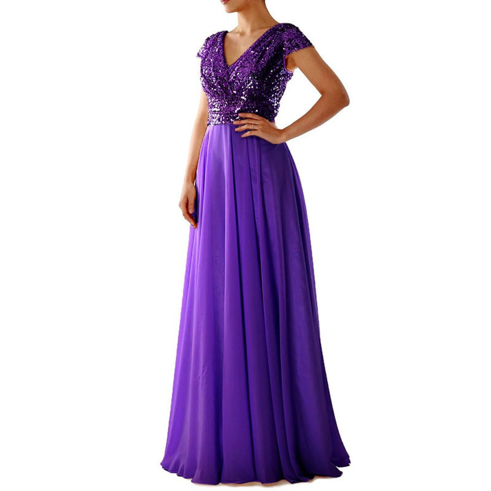 

Fall Wedding Guest Dresses For Women Short Sleeve V Neck Glitter Sparkly Sequin Patchwork Floor Length Sundresses Evening Dress