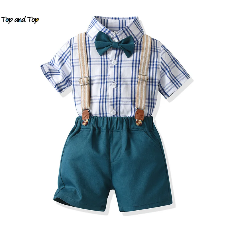 

top and top Fashion Boys Gentleman Clothing Sets Kids Boy Short Sleeve Bowtie Plaid Shirt+Suspenders Shorts Formal Suits Outfits