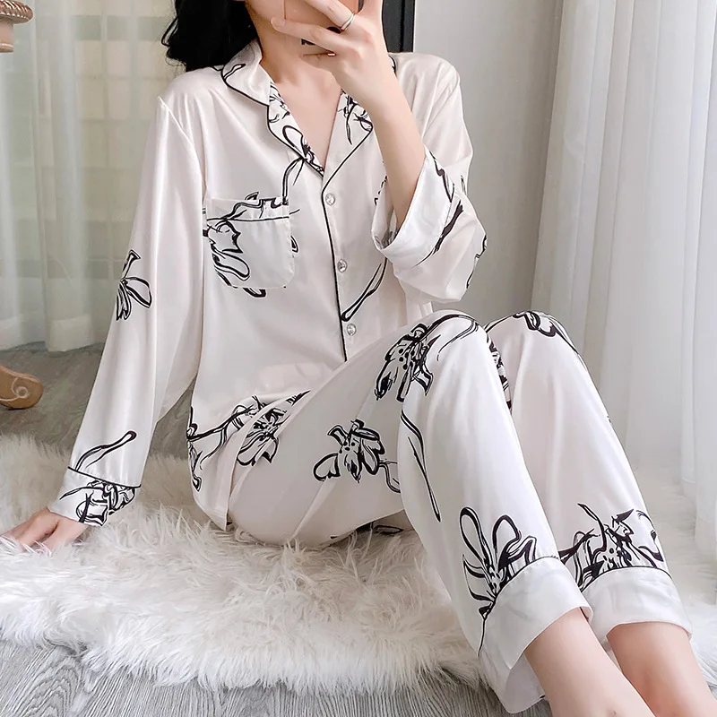 

Комплект пижамный женский атласный из двух предметов, одежда для сна с V-образным вырезом, Топ с длинным рукавом и брюки, домашняя одежда на весну и осень