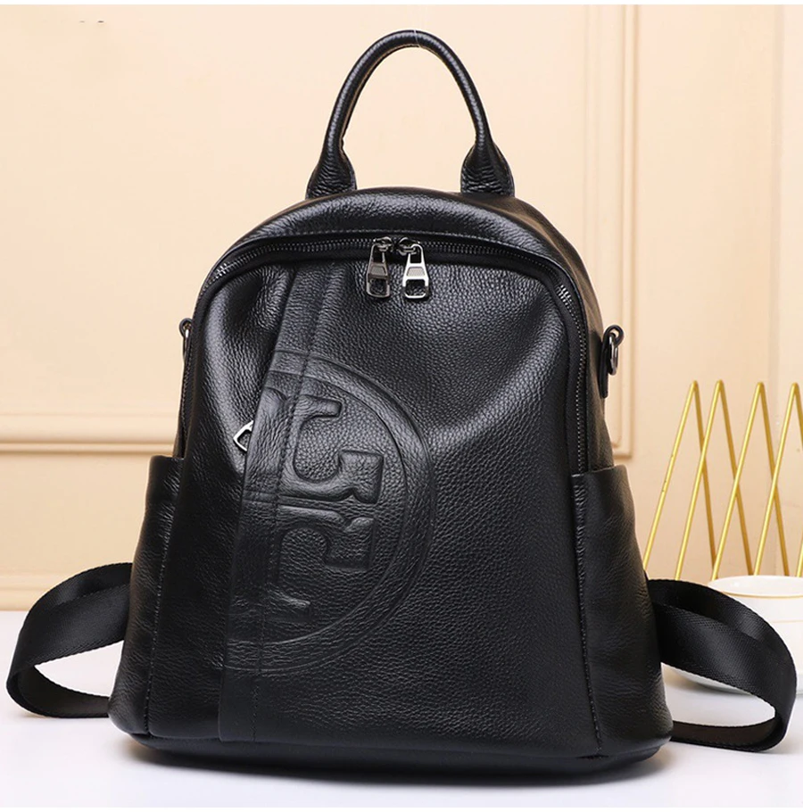 

Ladies Travel Leather Backpack Real Cowhide Backpack Women's Bag Solid Color High Quality Black Leather Bag Student Schoolbag