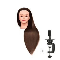 Synthetic Long Hair Mannequin Head for Braiding and Hairdressing with Clamp Stand (Dark brown)