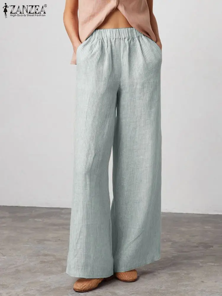 

ZANZEA Summer Fashion Wide Leg Pant Casual Stripe Printed Pants Loose Trousers Ladies Elegant Ankle Length Oversize Long Palazzo