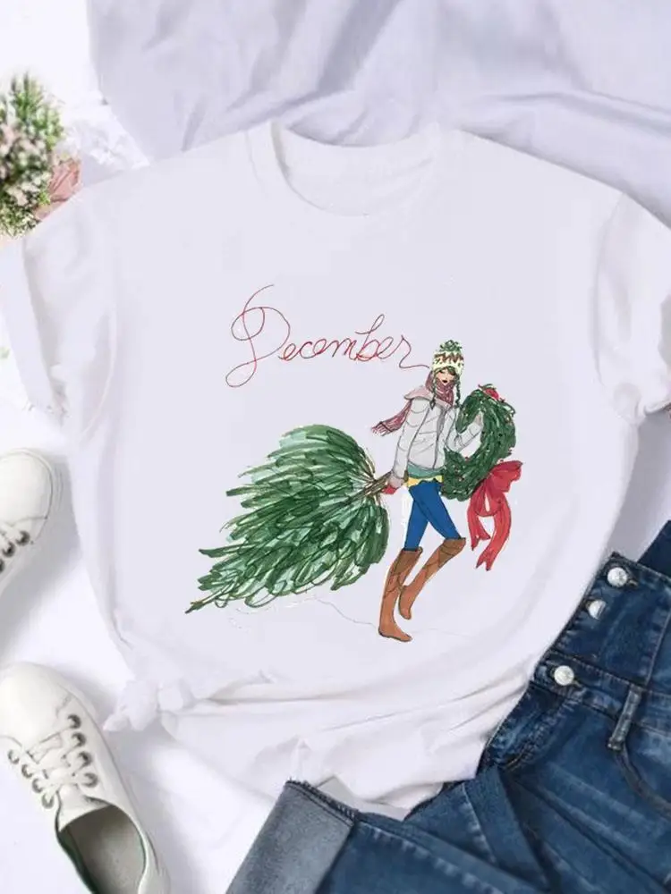 

New Year T-shirts Merry Christmas Women Holiday Shirt Tree Festival Winter Clothing Fashion Female Print T Top Graphic Tee