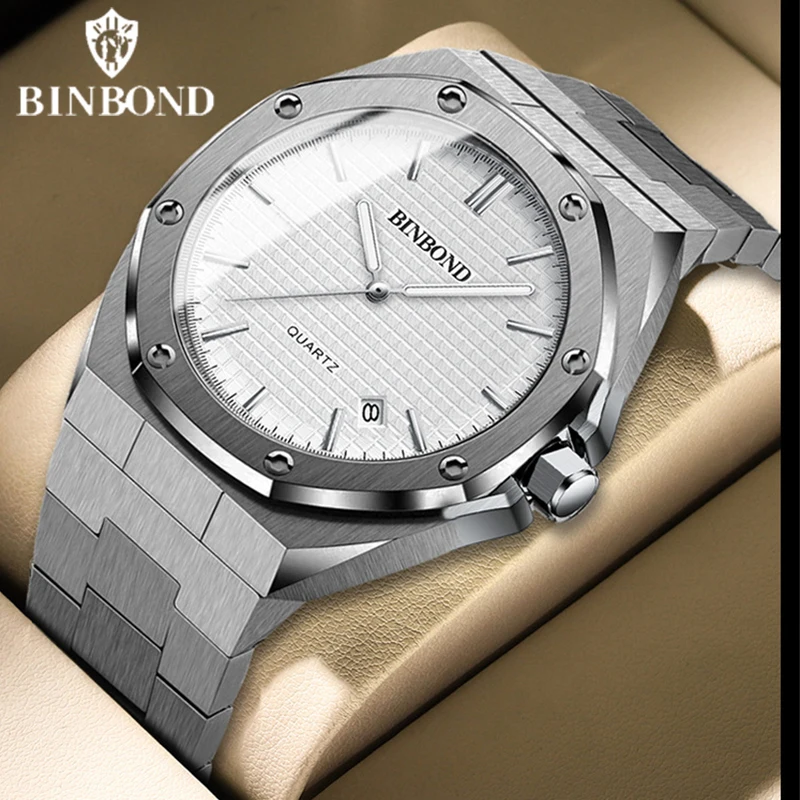 BINBOND Mens Watch Top Brand Royal Casual Men Big Dial Silver Stainless Steel Calendar Quartz Wristwatch Classic Luminous B0233