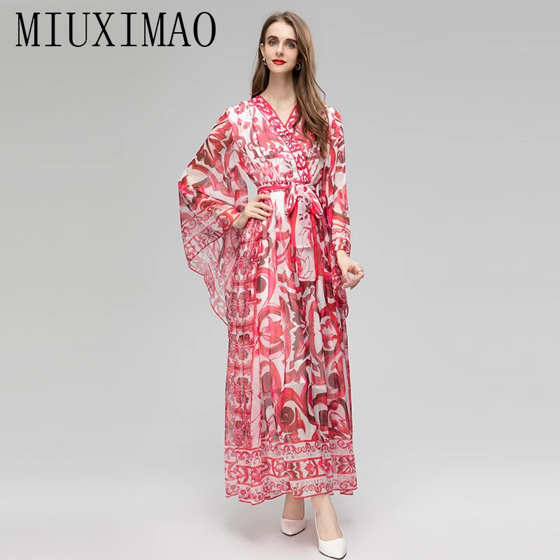 MIUXIMAO 2023 осеннее платье с красным фарфоровым принтом Элегантное повседневное длинное платье с длинным рукавом Женские платья шифоновые пляжные платья с поясом (art.: 3920c32efea33) - 3920c32efea33
