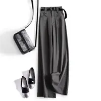 Wine Red Solid Office Lady High Waist Sashes Loose Straight Women's Pants Ankle-Length Trousers Pants For Women Clothing 2024 - Image 2