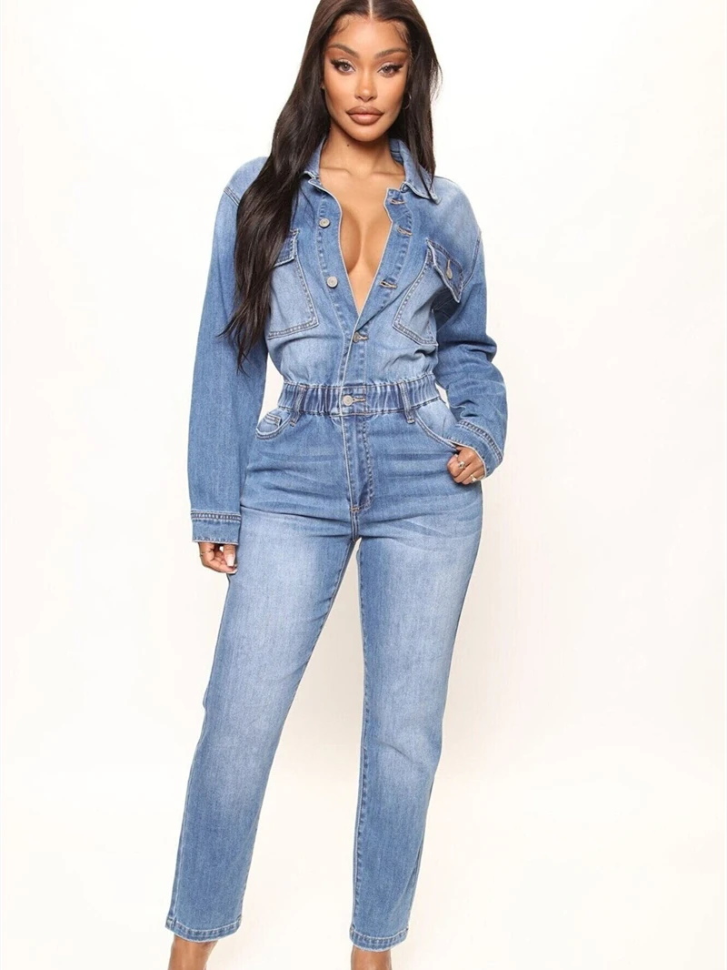 Vintage Denim Jumpsuits for Women Spring Clothes Full Sleeve Single Breasted Jeans Rompers Playsuits One Piece Trousers Overalls