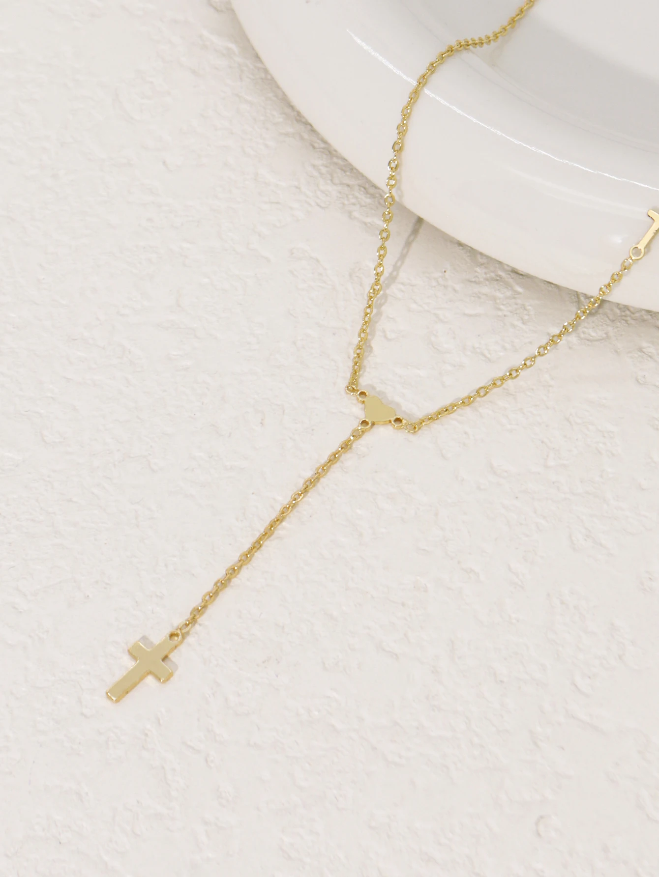 Dainty Gold Y-Shaped Necklace: Minimalist Cross & Heart Pendant Chain, Womens