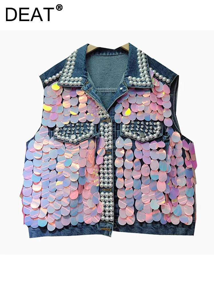 

DEAT Women's Denim Waistcoat Pearls Beading Gradient Sequins Sleeveless Single Breasted Vest 2024 Summer New Fashion 29L7128