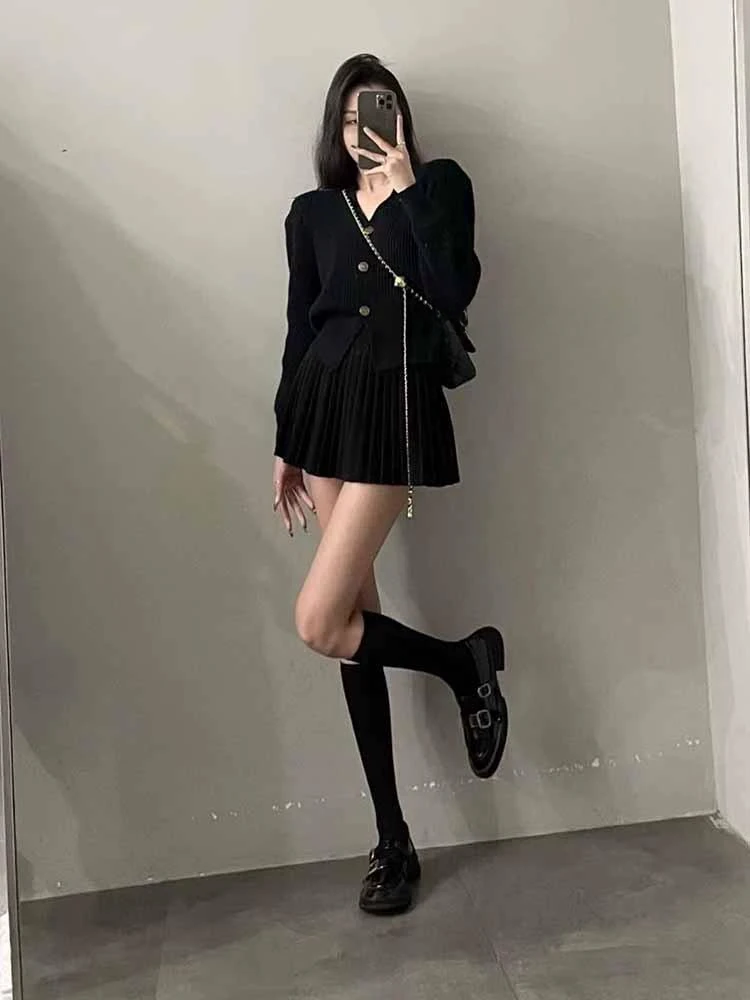 Casual Knitted 2 Piece Set Single Breasted V-neck Top + High Waist Mini Pleated Skirt Autumn Spring Korean Fashion Solid Outfits