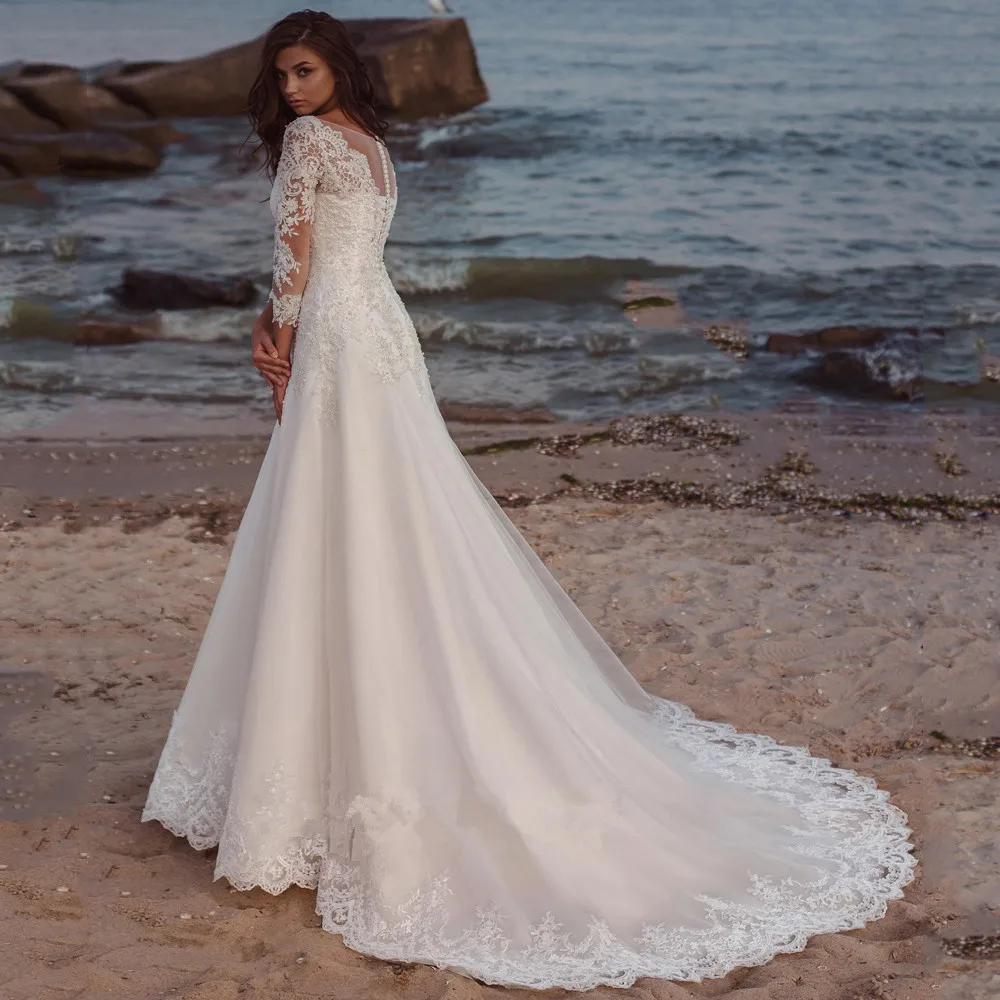 Wedding Dresses Long V Neck Lace Appliques A Line Tulle Sweep Train For Women