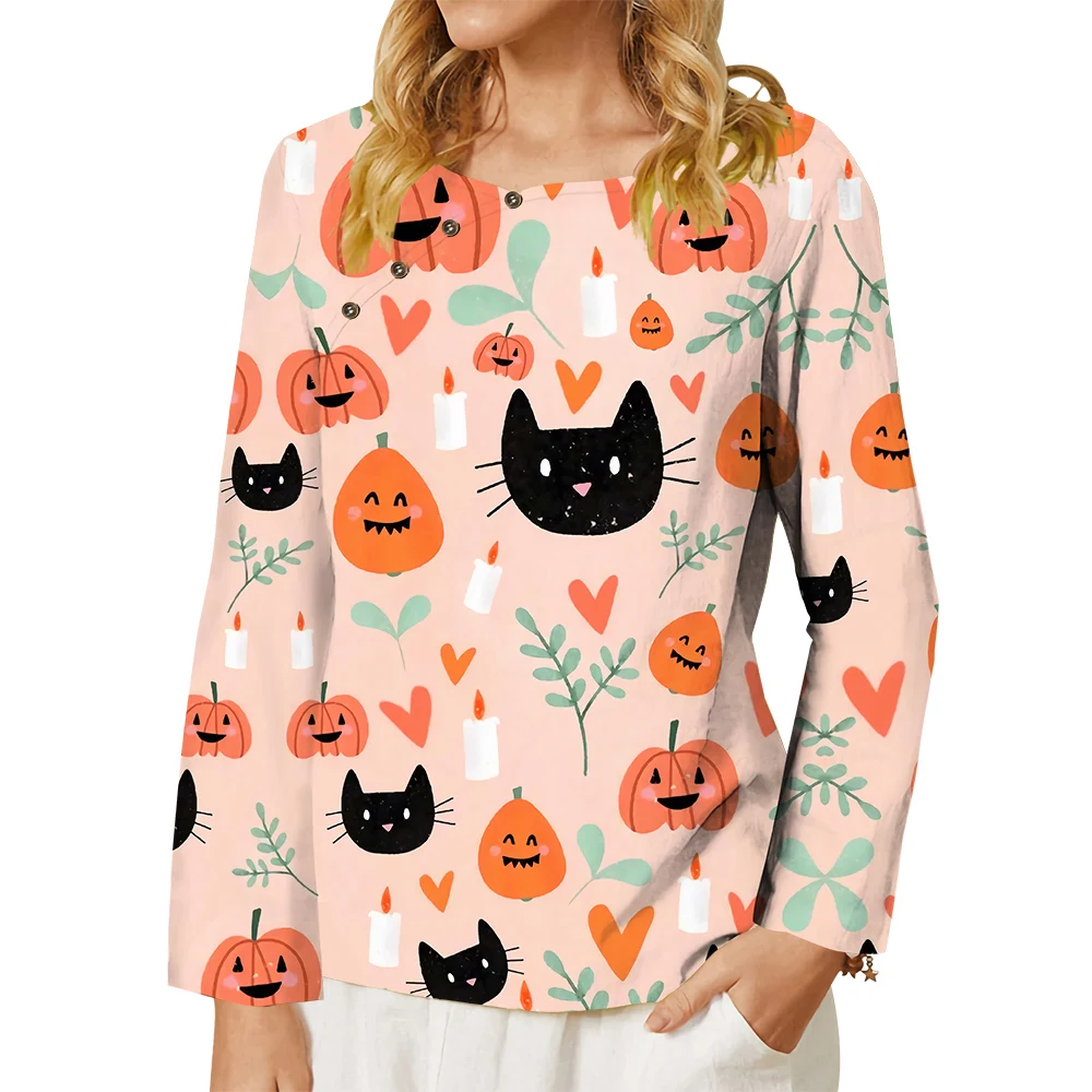 

CLOOCL Kawaii Shirt for Women Long Sleeve Tops Cartoon Pumpkin Black Cat 3D Print Buttons Blouse T-shirts Oversized Female Tops