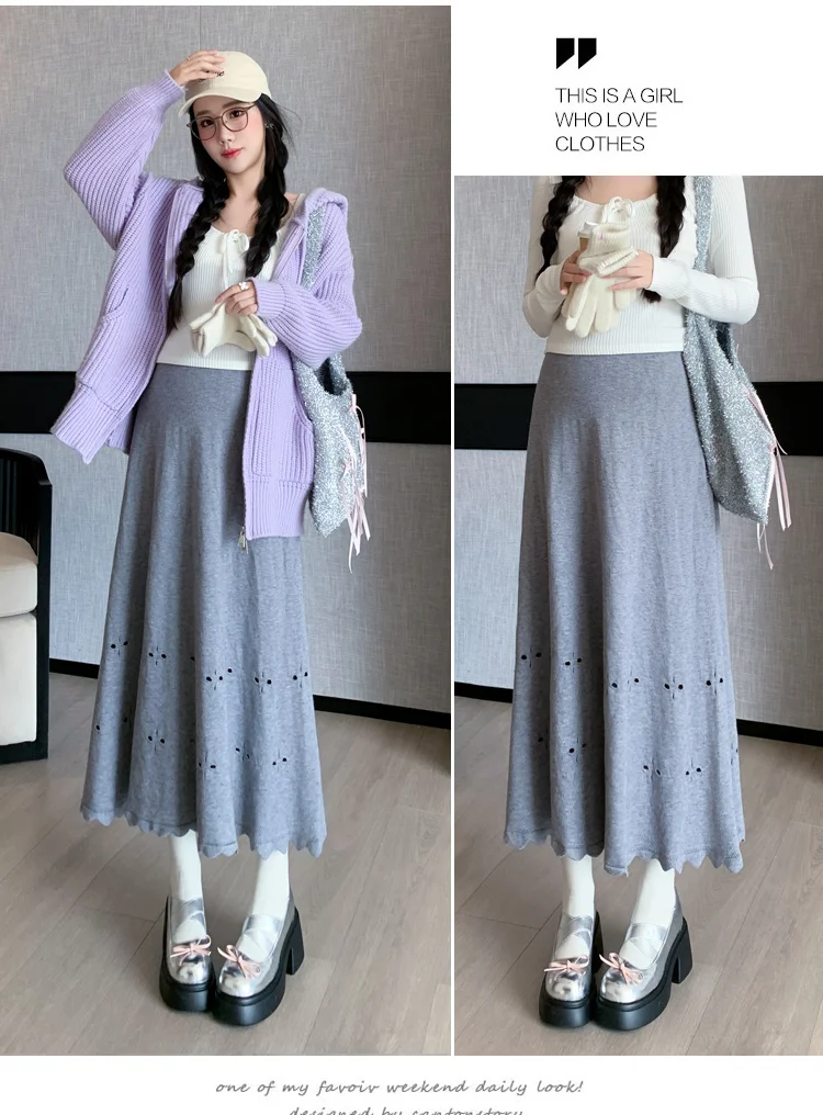 Pregnant Women Winter Fashion Style Tall Waist Abdomen Knitting Skirts High Waist Full-skirted Plaid Umbrella Skirts Black Gray