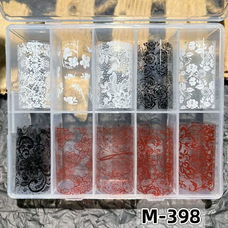 10롤 100CM 혼합 블랙 화이트 레이저 네일 전사지 스티커 세트 섹시 레이스 꽃무늬 네일 스티커 매니큐어 장