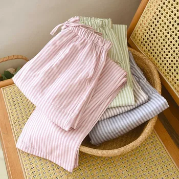 2026 New Women's Spring/Summer Sleeper Pants 100% Cotton Gauze Striped Tether Pants Striped Loose Thin Home Pants 1