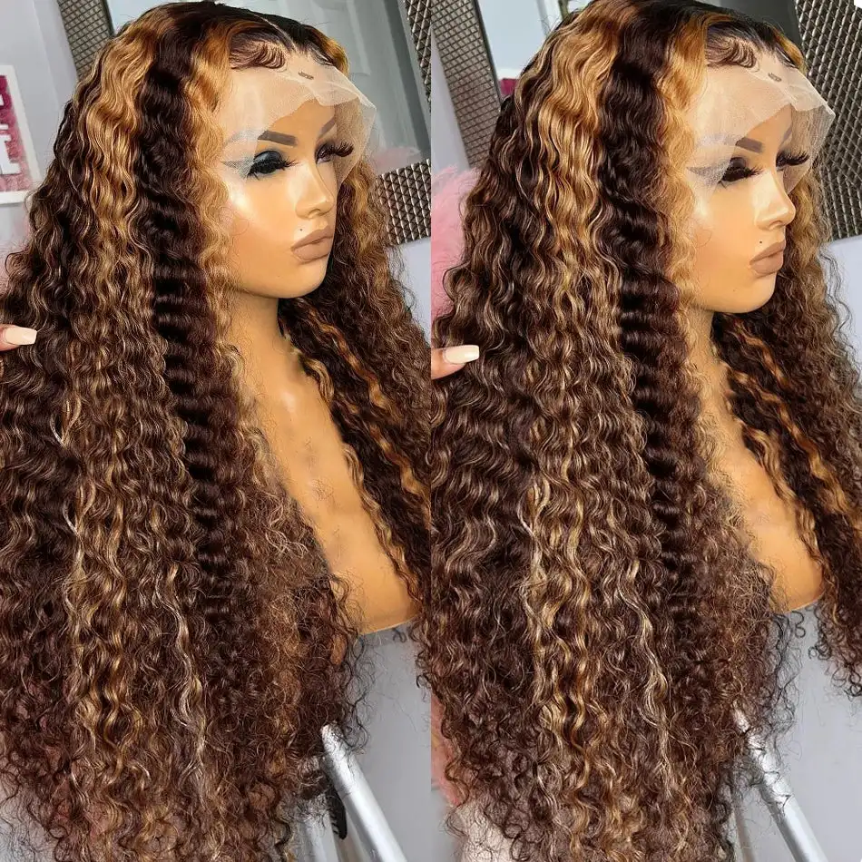 

Kinky Curly Wig Ombre Highlight Synthetic Lace Front Wig 13x4 Preplucked Water Wave Lace Front Wigs Deep Wave Brown Blonde Wig