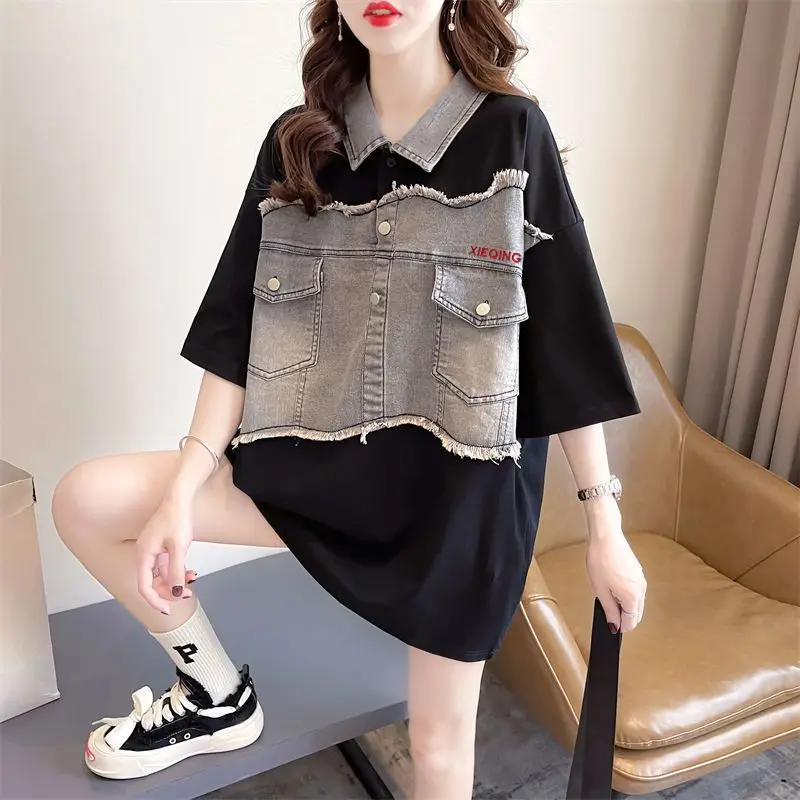 Fashion Peter Pan Collar Pockets Tassel Fake Two Piece Blouse Female Clothing 2024 Summer New Oversized Casual Tops Korean Shirt korean fashion striped knitt spliced fake two pieces blouse woman 2022 autumn new commute all match pockets casual shirts female