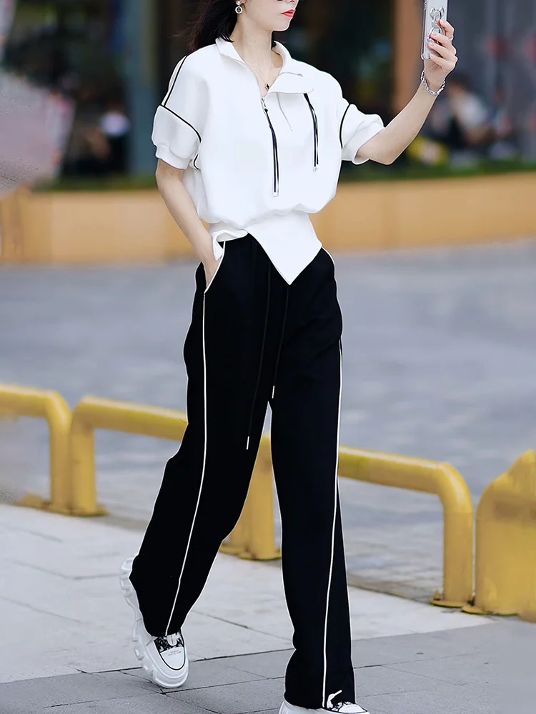 

Pant Sets Women Wide-leg Pants Suit New Summer Short Sleeve Tops With Casual Pants Two Piece Set Conjuntos Para Mujeres 2 Piezas