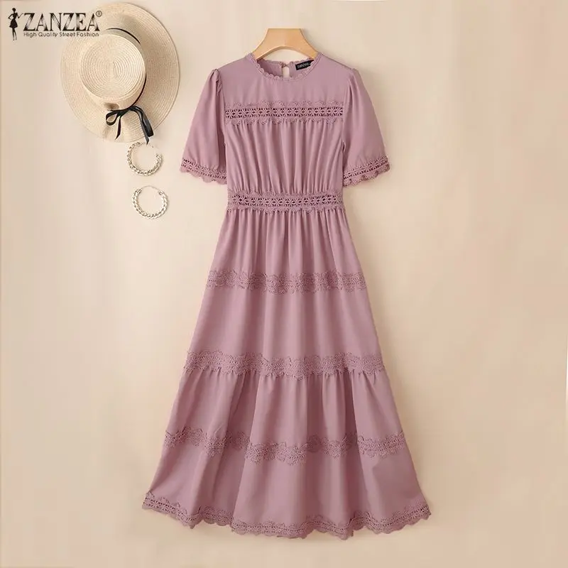 ZANZEA 2026 Women Lace Dresses Sexy Solid Maxi Long Dress Summer Short Sleeve Bohemian Beach Sundress Party Robe Femme Oversized 3