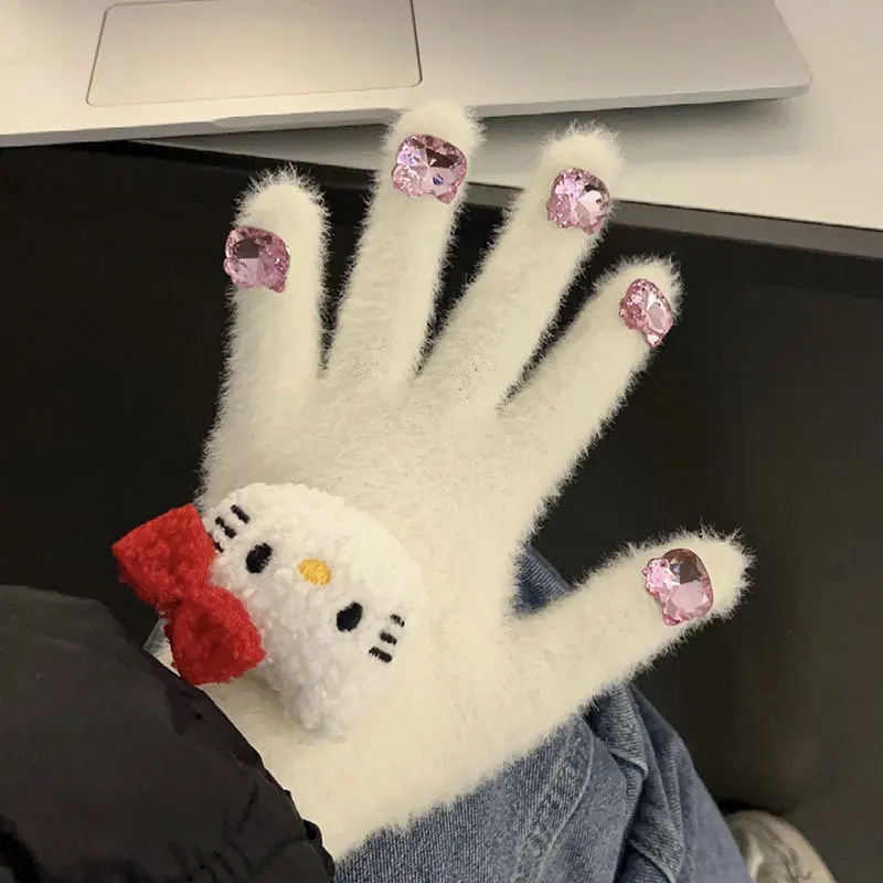 산리오 헬로 키티 여성용 장갑, 귀여운 키티 고양이 봉제 장갑, 따뜻한 부드러운 봉제 양모, 풀 핑거 장갑, 다이아몬드 선물