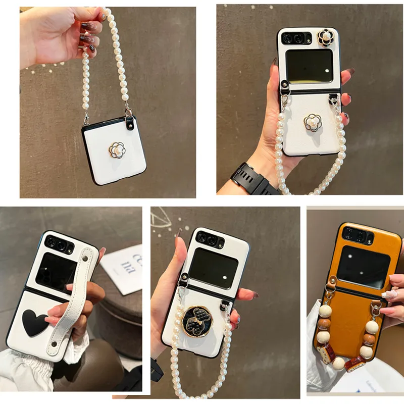 Custodia In Pelle Con Catena Di Perle Fiore Carino Moda Di Lusso Fai Da Te Per Moto Razr 2022 5G Custodia Per Motorola Razr 2020 Cover Razr 40 Ultra