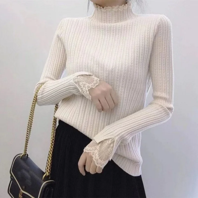 

Warm winterLace Splicing Knitwear Women's Autumn and Winter 2021 New Thick Sweater Bottoming Shirt Underwear Long Sleeved Topfas