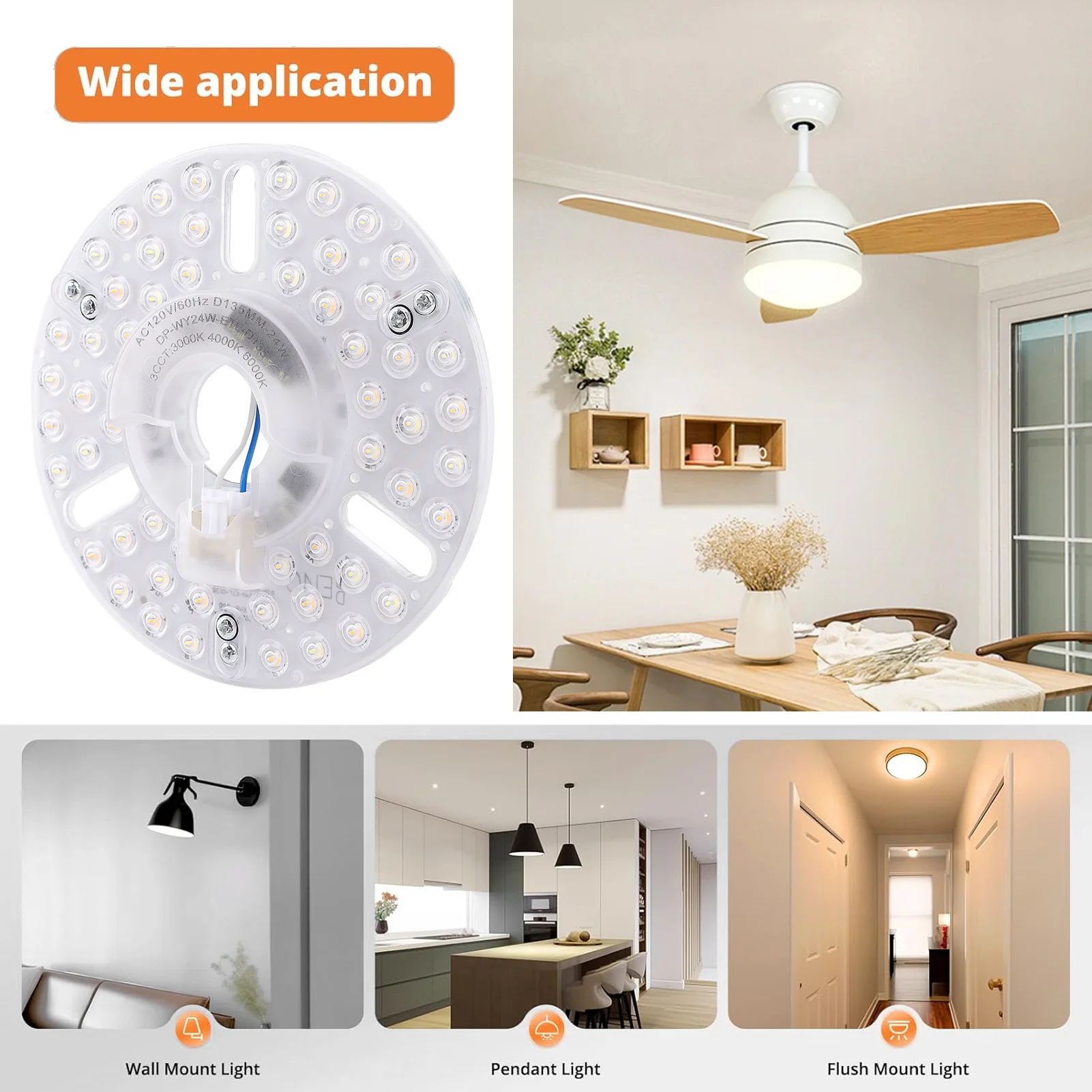 5.3인치 천장 선풍기 LED 조명 교체용 24W 3CCT 디밍 가능 마그네틱 LED 팬 라이트 보드 패널 개조 조명 (메모리 기능 포함)