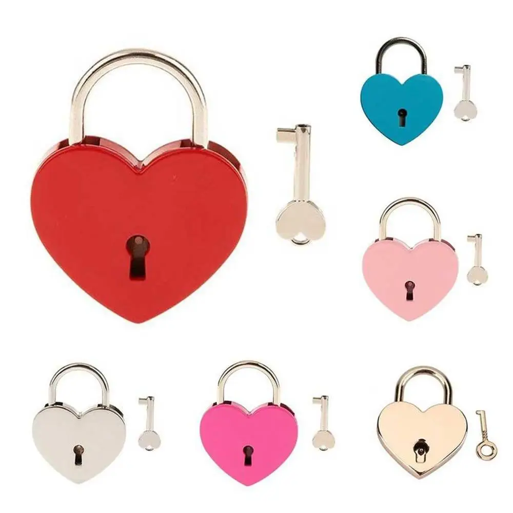 1Pc Vintage Heart Shape Metal Mini Padlock Bag Suitcase Luggage Box Key Lock Multicolor Padlock for Bags